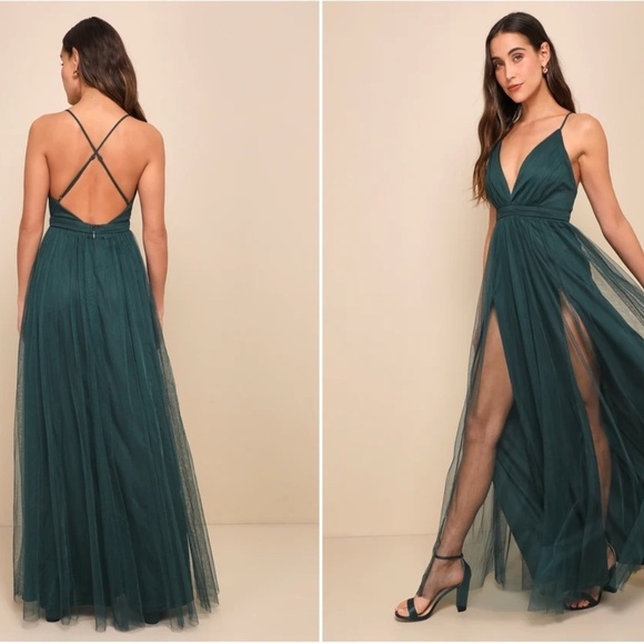 LULU's Prom Wedding Special Event Sexy Flowy Tulle Emerald Green Maxi Dress NWOT - Picture 5 of 5